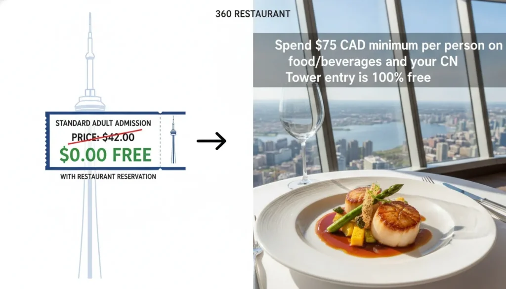 Graphic showing free CN Tower admission with a minimum spend at the 360 Restaurant overlooking Toronto.