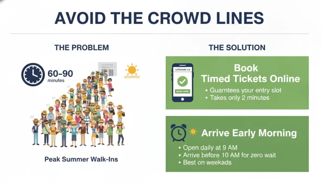 Graphic illustration highlighting strategies to avoid long peak summer walk-in lines at the CN Tower in Toronto.