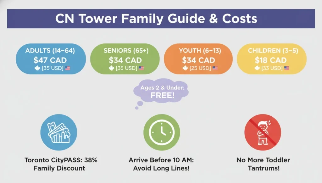 An infographic showing ticket prices and visiting tips for families visiting the CN Tower in Toronto.
