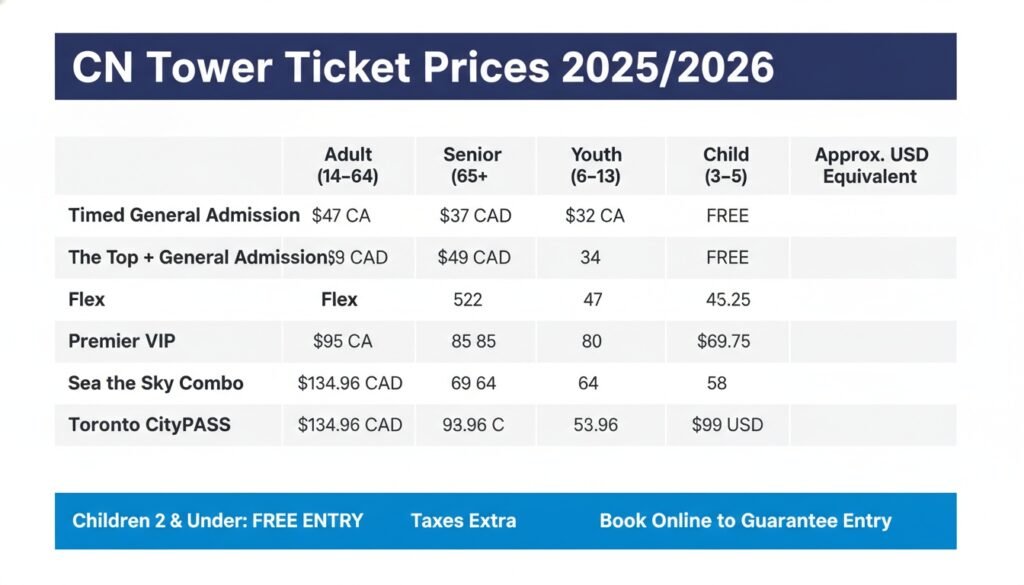 Table showing CN Tower ticket prices for 2025/2026 including adult, senior, youth, and child rates.