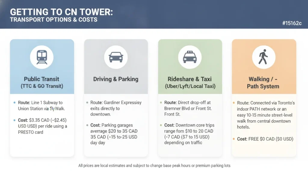 An infographic detailing public transit, driving, rideshare, and walking routes to the CN Tower in Toronto.
