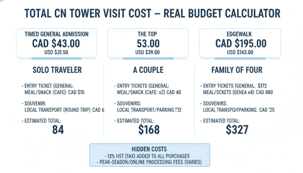 An infographic detailing CN Tower visit costs for solo travelers, couples, and families, including entry fees.