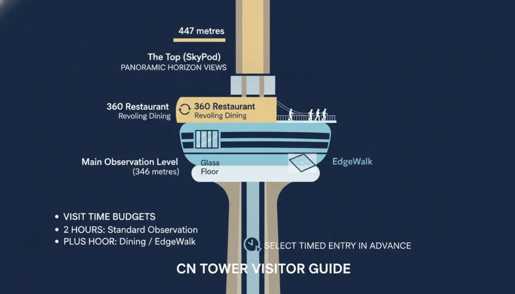 Graphic visitor guide infographic of the CN Tower detailing levels, heights, and attractions in Toronto.