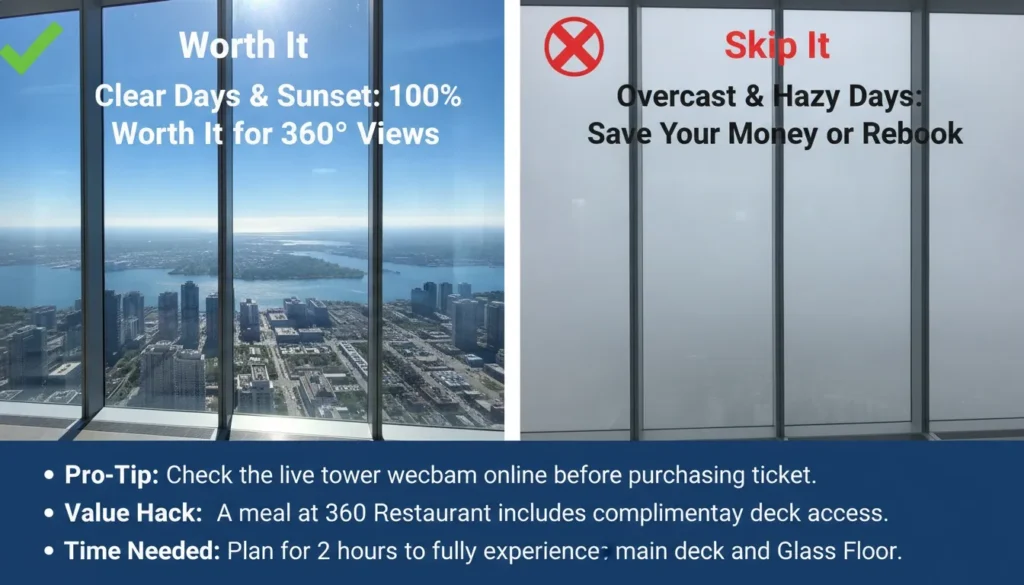 A split image showing clear sunny views versus a foggy, whiteout window at Toronto's CN Tower.