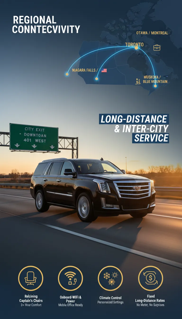 A luxury black SUV traveling on an open highway between major cities, with a professional route map overlay showing long-distance connections from Toronto to Niagara Falls, Ottawa, and Buffalo.