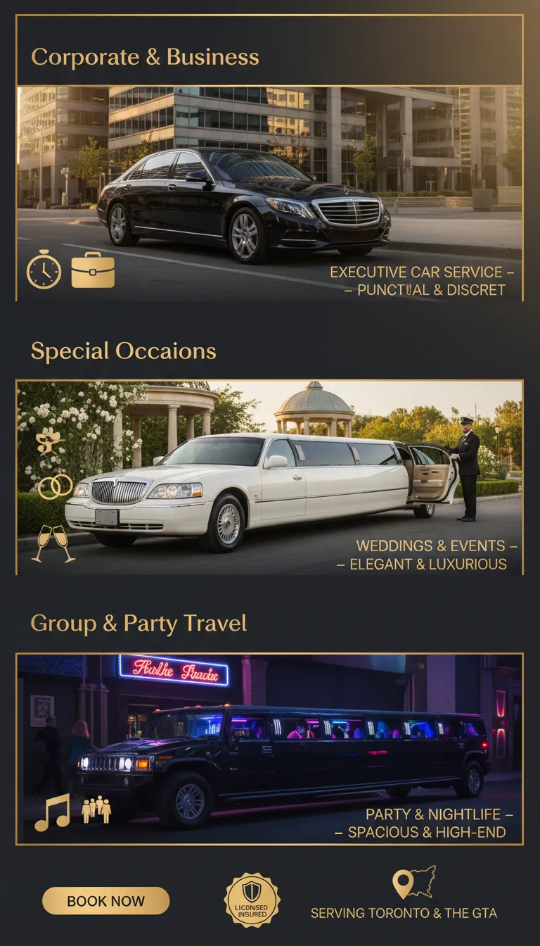 A professional collage showcasing a luxury black limousine fleet, including a stretch limo for weddings, a sleek executive sedan for corporate travel, and a premium SUV for airport transfers in Toronto.