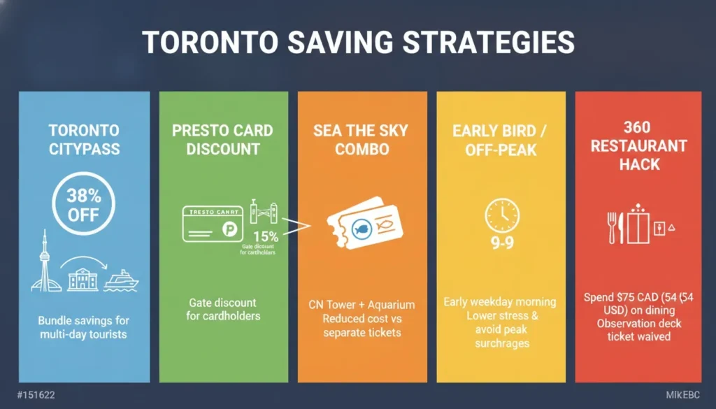 Infographic showing five saving strategies for Toronto visitors, including CityPASS and Presto Card discounts.
