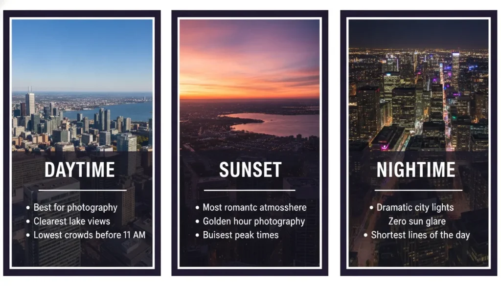 Three-panel infographic showing Toronto skyline views during daytime, sunset, and nighttime with travel photography tips.