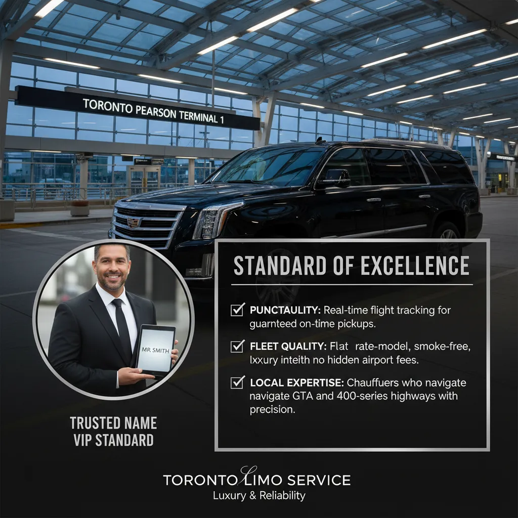 A high-end, black luxury sedan parked at the curb of Toronto Pearson International Airport (YYZ), featuring a professional chauffeur in a suit holding a greeting sign, representing the VIP airport limousine service standard.