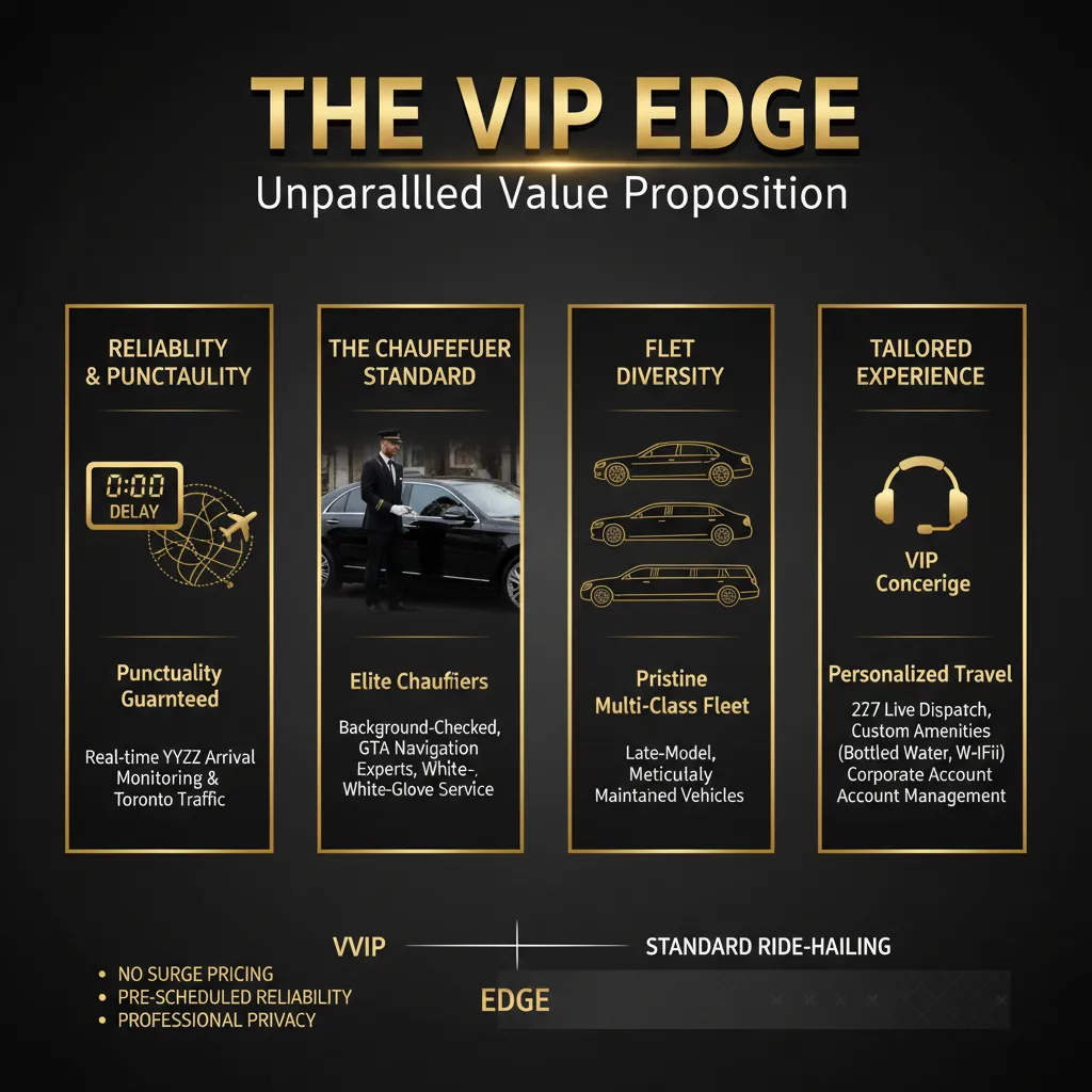 An infographic showcasing the unique benefits of VVIP Limo Toronto, featuring icons for 24/7 dispatch, professional chauffeurs, a diverse luxury fleet, and a comparison of personalized VIP service vs. standard ride-sharing.
