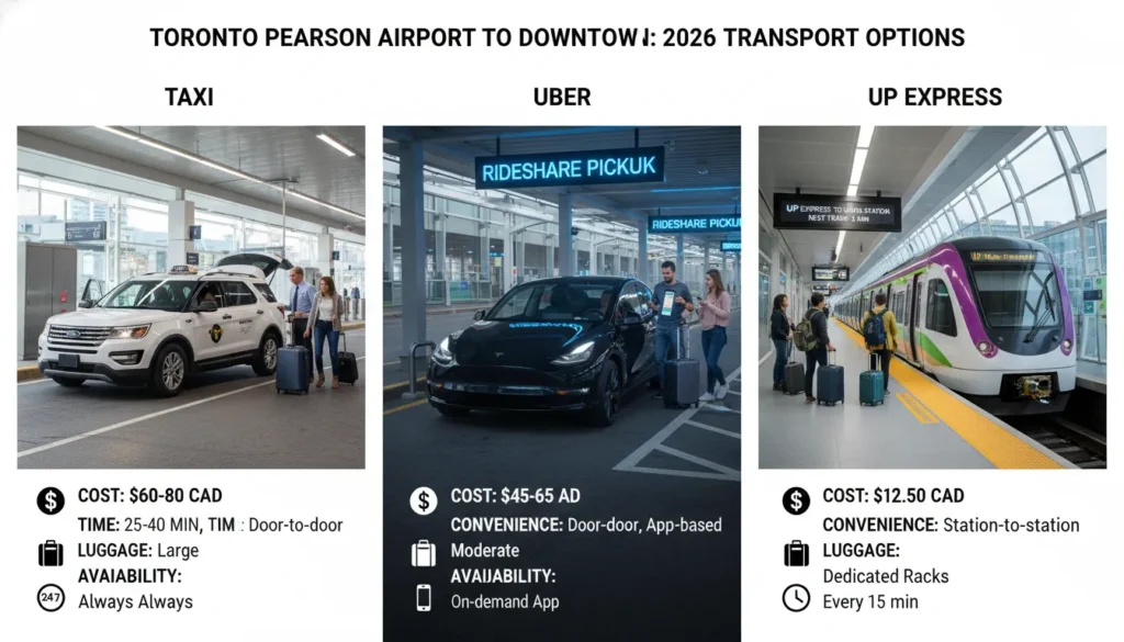 Side-by-side comparison of taxi, Uber rideshare car, and UP Express train at Toronto airport showing travel options, pricing, and convenience