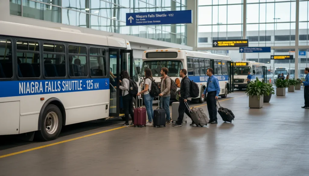 Airport shuttle bus and regional transit options at Toronto Pearson YYZ for budget-friendly travel to Niagara Falls.