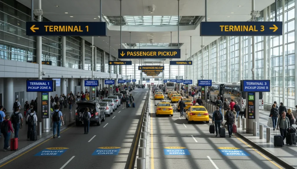Clear directional signs showing Terminal 1 and Terminal 3 pickup points at a Canadian airport with passengers walking toward pickup zones and cars waiting in designated lanes