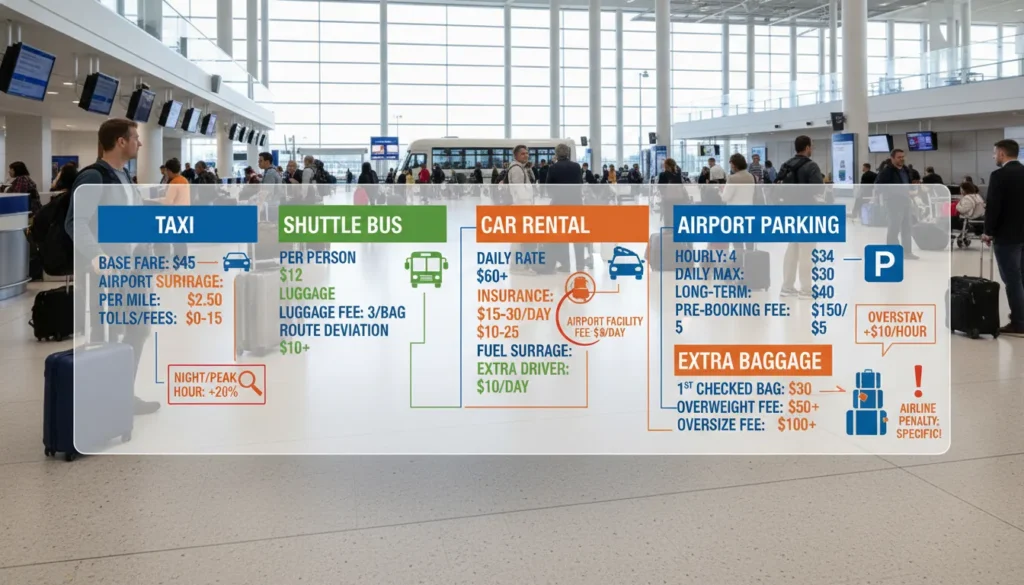 Infographic showing an airport terminal with clear breakdown of fees for airport services, including taxi, shuttle bus, car rental, parking, and baggage surcharges, highlighting full cost transparency.