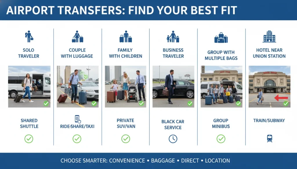 Trip-based comparison image showing the best airport transfer option for solo travelers, couples with luggage, families, business travelers, groups with multiple bags, and hotels near Union Station