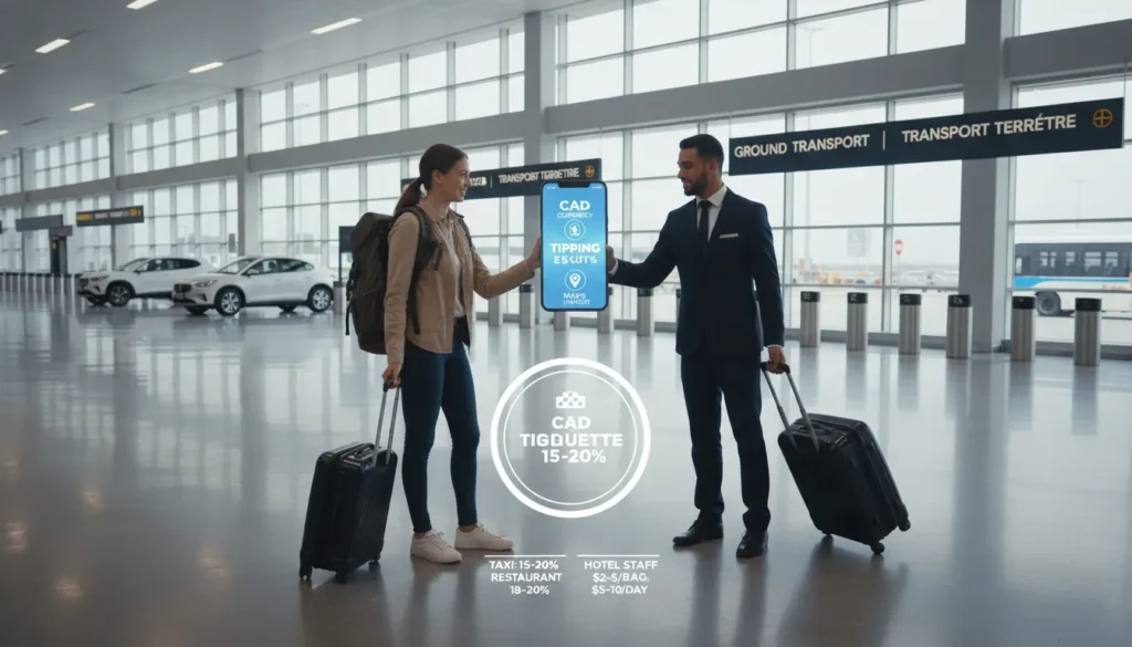 Traveler at a Canadian airport reviewing travel tips on phone while handing a tip to a driver, with icons showing tipping amounts for taxi, hotel, and restaurant services