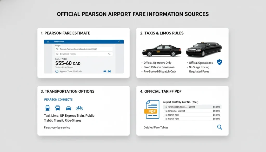 Reference-style image showing official Pearson fare information sources, including the estimate page, taxis and limos page, transportation page, and tariff PDF