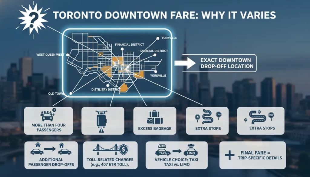 Official Toronto Pearson Airport fare information sources shown as estimate page, taxis and limos page, transportation page, and tariff PDF