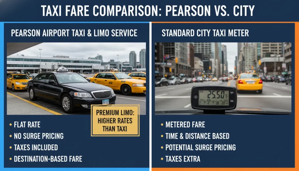 Comparison image showing Pearson airport taxi and limo fares as flat rate versus a regular street taxi meter