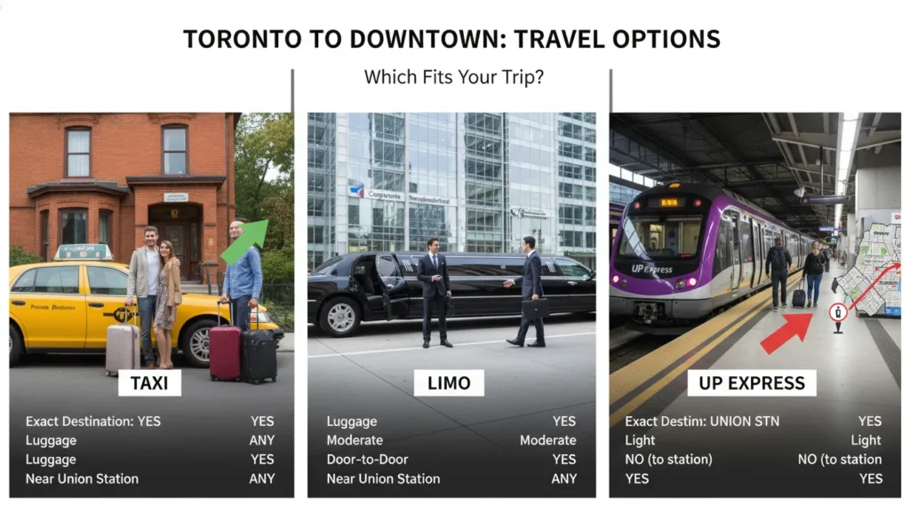 Comparison image showing taxi, limo, and UP Express options for travel from the airport to downtown Toronto based on destination, luggage, and convenience