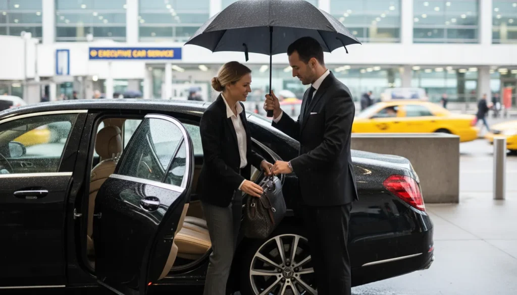 Professional driver assisting a passenger with luggage into a luxury black car at Pearson Airport.