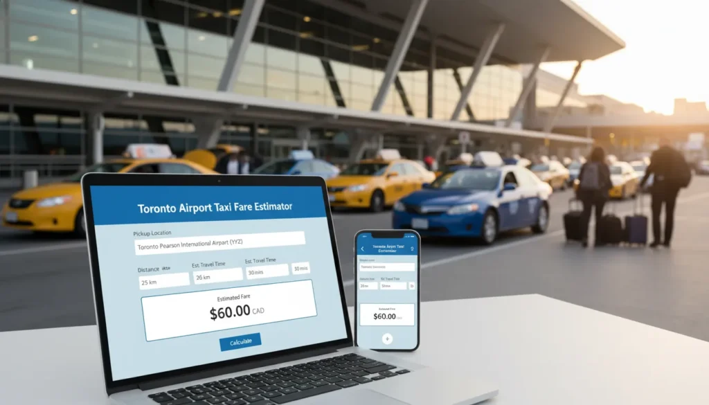 A detailed visual showing a Toronto airport taxi fare calculator interface on a smartphone and laptop, with estimated ride costs, distance, and travel time from Toronto Pearson Airport to downtown locations. Includes taxis lined up outside the airport terminal, representing real taxi services.