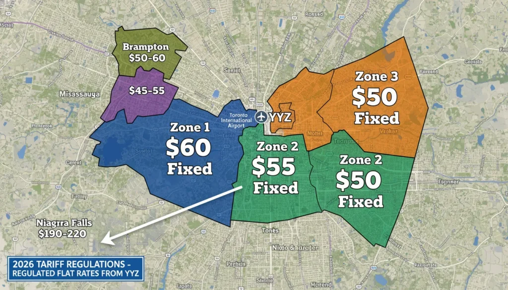 Official 2026 Toronto Pearson Airport (YYZ) taxi flat rate zone map showing fixed price boundaries for Downtown Zone 1, Zone 2, and Zone 3, including surrounding GTA cities like Mississauga and Brampton.