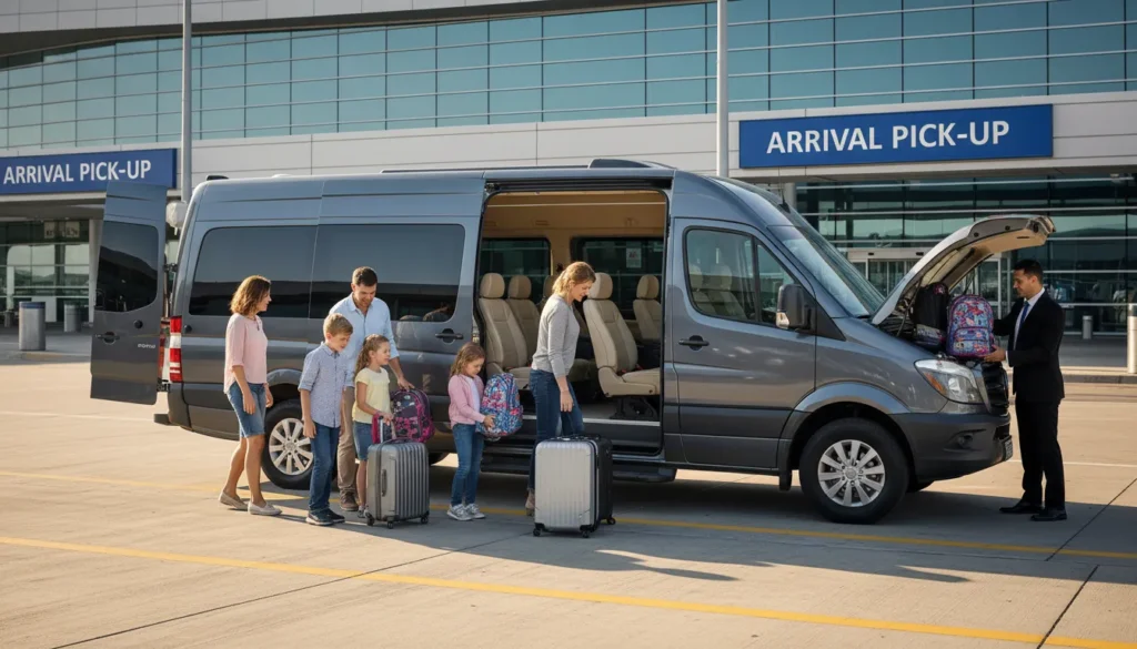 A spacious passenger van at an airport pickup area with a large family and group travelers loading luggage while a professional driver assists them