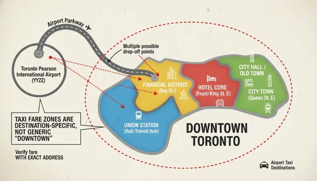 Map-style visual showing key downtown Toronto destination areas for airport taxi fares, including Union Station, the Financial District, the hotel core, and the City Hall area