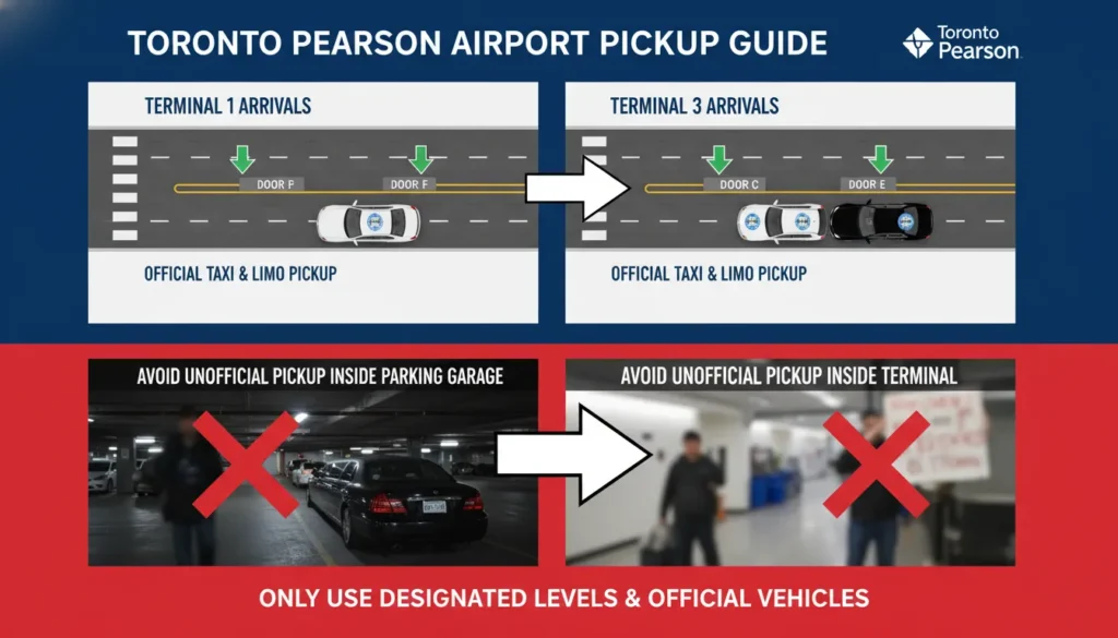 Arrival-level taxi and limo pickup locations at Toronto Pearson Airport with Terminal 1 and Terminal 3 doors and licensed vehicle identification points.