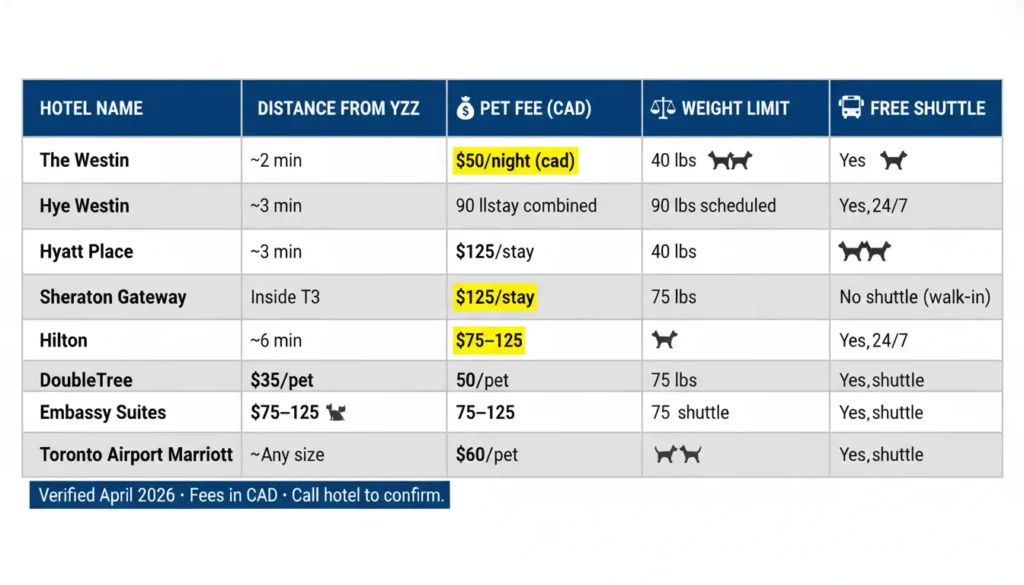 Comparison table showing 2026 pet fees, weight limits, and max pets for seven hotels near Toronto Pearson Airport, including Westin, Sheraton Gateway, Hyatt Place, and Hilton.