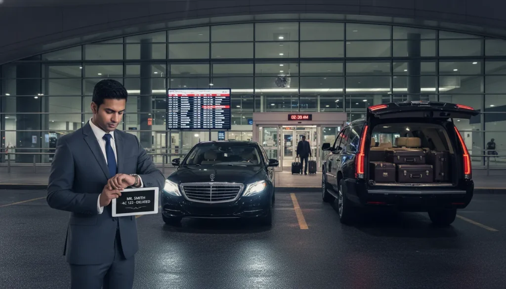 Airport chauffeur holding a sign with passenger name standing near luxury SUV and sedan at night outside airport terminal showing 24/7 service flight tracking and waiting time available