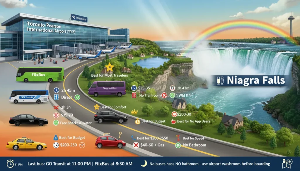 Beautiful infographic showing 6 ways to travel from Toronto Pearson Airport terminal building to Niagara Falls waterfall. The image has a curved road winding from the airport on left to the waterfall on right. Along the road: a green FlixBus taking 2h 45m for $25-35 direct, a blue GO Transit bus taking 3h for $22 with one transfer, a purple Niagara AirBus van taking 2h 30m for $55-70, a black Uber car and yellow taxi both taking 1h 30m for $200-250, and a red rental car taking 1h 30m for $40-60 plus gas. Small icons show bathroom available on FlixBus and Niagara AirBus but not on GO Transit. A clock shows last bus at 11 PM. A moon icon shows no buses between 12 AM to 5 AM.