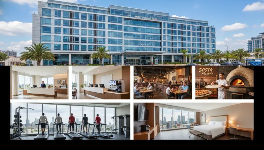 Real photo of ALT Hotel Toronto Airport at 6080 Viscount Road showing modern glass building exterior, bright contemporary lobby, Sosta pizzeria dining area, 24 hour gym with equipment, and a modern guest room with queen bed and coffee machine.
