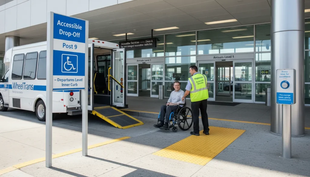 Accessibility services at Terminal 1 including accessible drop-off post 9,21,37 and WheelTrans pick-up at Door E with staff helping wheelchair passenger