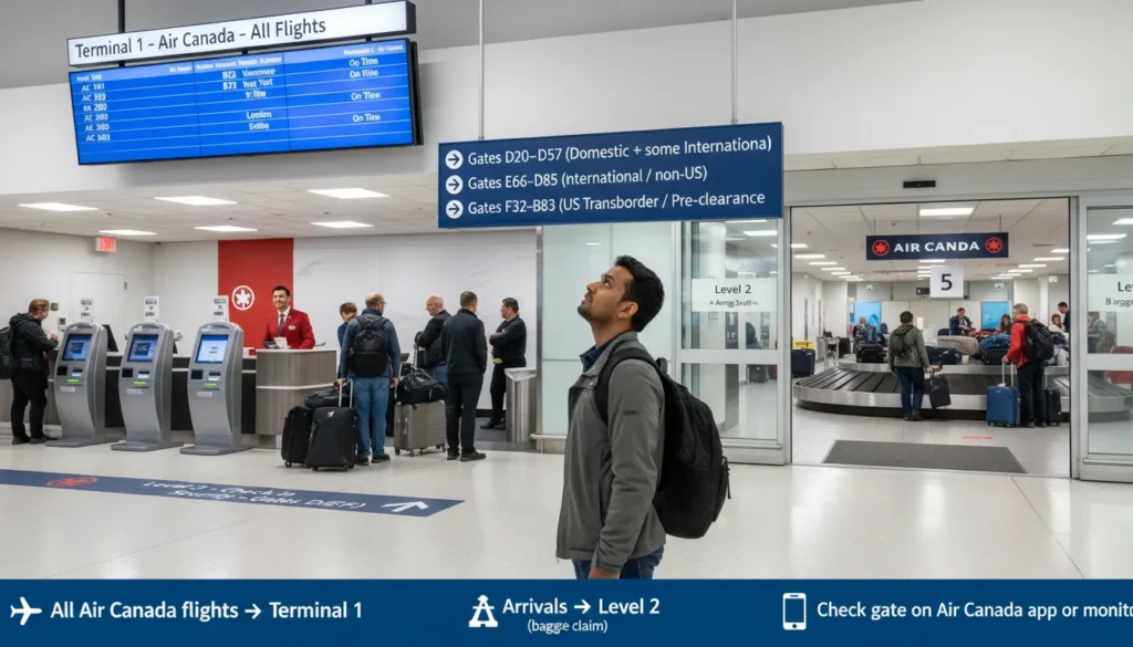 Real photo showing Air Canada check-in counters at Toronto Pearson Terminal 1 Level 3, with departure gates sign, baggage drop area, and passengers checking in for flights.