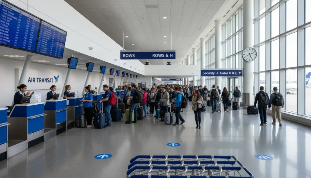 Air Transat departures process at Toronto Pearson Terminal 3 Level 3 showing check-in rows G and H, security area, and gates B and C with step by step指引.