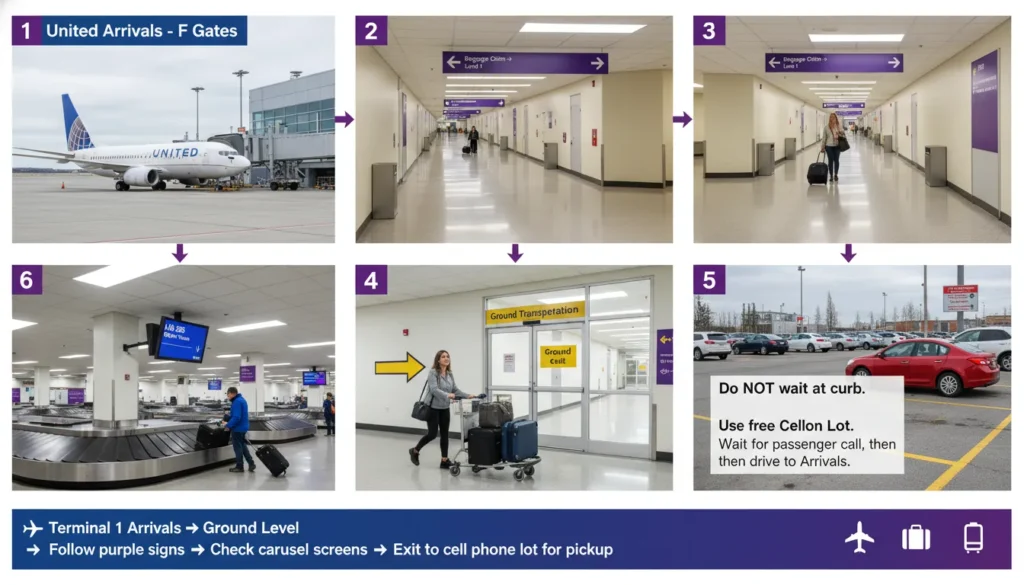 Step by step arrival guide for United Airlines at Pearson Terminal 1 showing F gates arrival, purple signs to baggage claim on Level 1, carousel numbers screen, and ground level exit with cell phone pickup zone