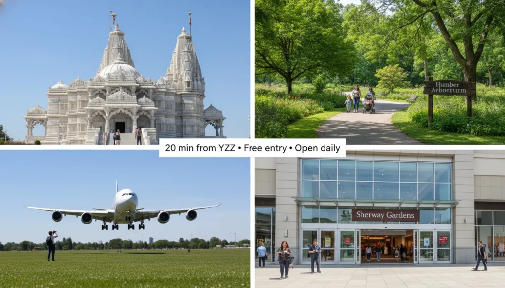A collage showing four things to do within 20 minutes of Toronto Pearson Airport: white marble BAPS Hindu temple with dome, green walking trail at Humber Arboretum, airplane landing view from Max Ward Memorial Park, and Sherway Gardens mall entrance with shoppers.