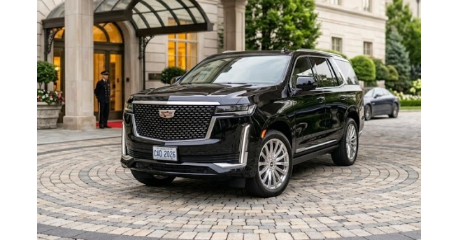 Black Cadillac Escalade parked outside a luxury hotel entrance for premium chauffeur pickup