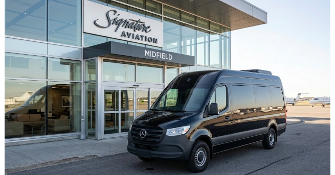 Black Mercedes Sprinter van parked outside Signature Aviation for private airport transfer