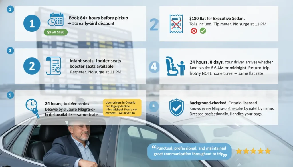 Infographic showing five key reasons travelers book VIP: book 84 hours early to save 5%, flat rate $180 no hidden fees, infant and toddler car seats available on request, 24/7 service including 4 AM flights, and professional background-checked drivers.