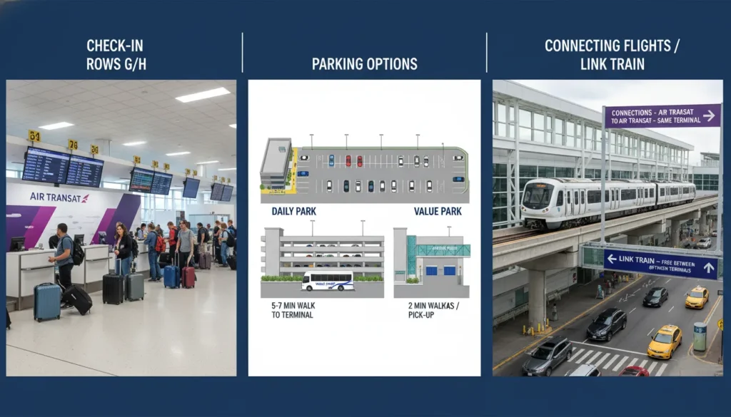 Air Transat Terminal 3 Pearson check-in counters at Rows G and H Level 3, parking options Daily Park Value Park Express Park, and connecting flights LINK Train between Terminal 3 and Terminal 1