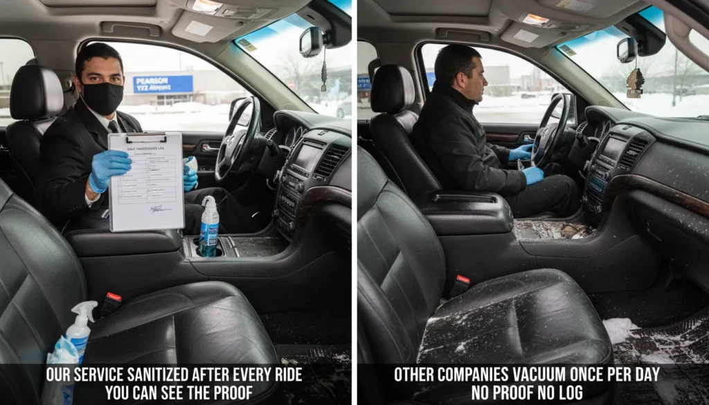 Split screen comparison image showing a driver holding a sanitization log book and wearing mask and gloves on the left side, and a generic limo driver with no log and no protective gear on the right side. Left side text reads Our Service Sanitized Between Every Ride with Proof. Right side text reads Other Companies Vacuum Once Per Day No Proof.