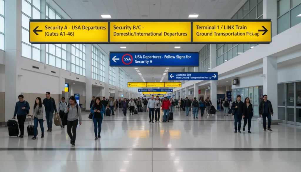 Warning illustration showing three common traveler mistakes at Toronto Pearson Terminal 3 going to wrong security checkpoint for USA flights, walking between terminals with luggage instead of taking LINK train, and calling pickup driver before clearing customs