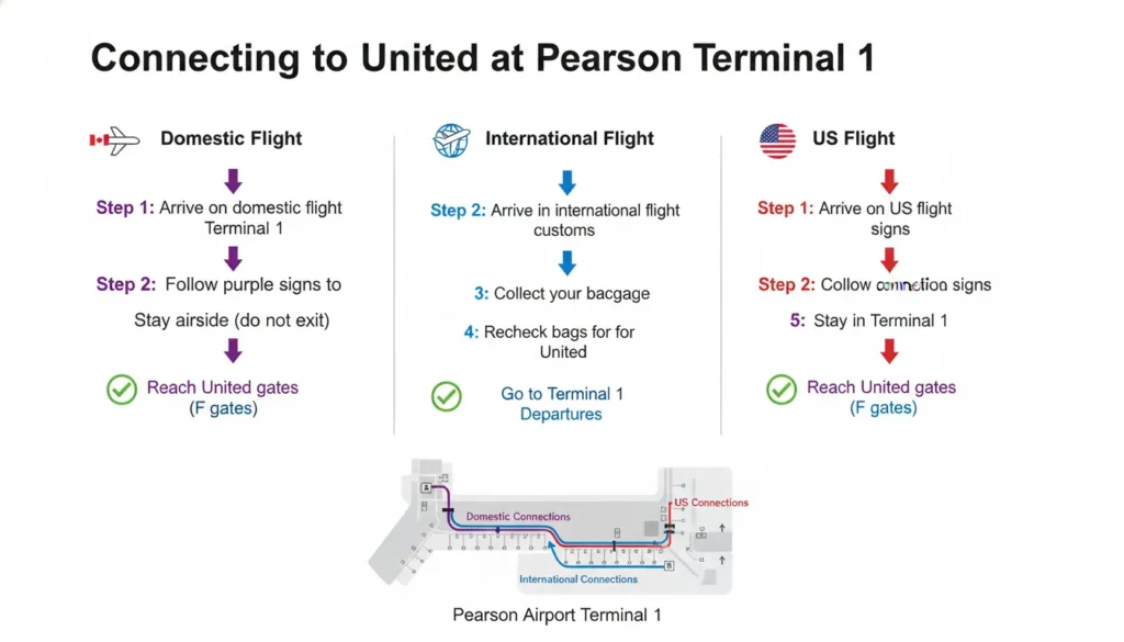 Diagram showing three ways to connect to United Airlines at Pearson Terminal 1: from domestic flight follow purple signs to Terminal 1, from international flight clear customs collect baggage and recheck, from US flight follow connections signs and stay in Terminal 1.