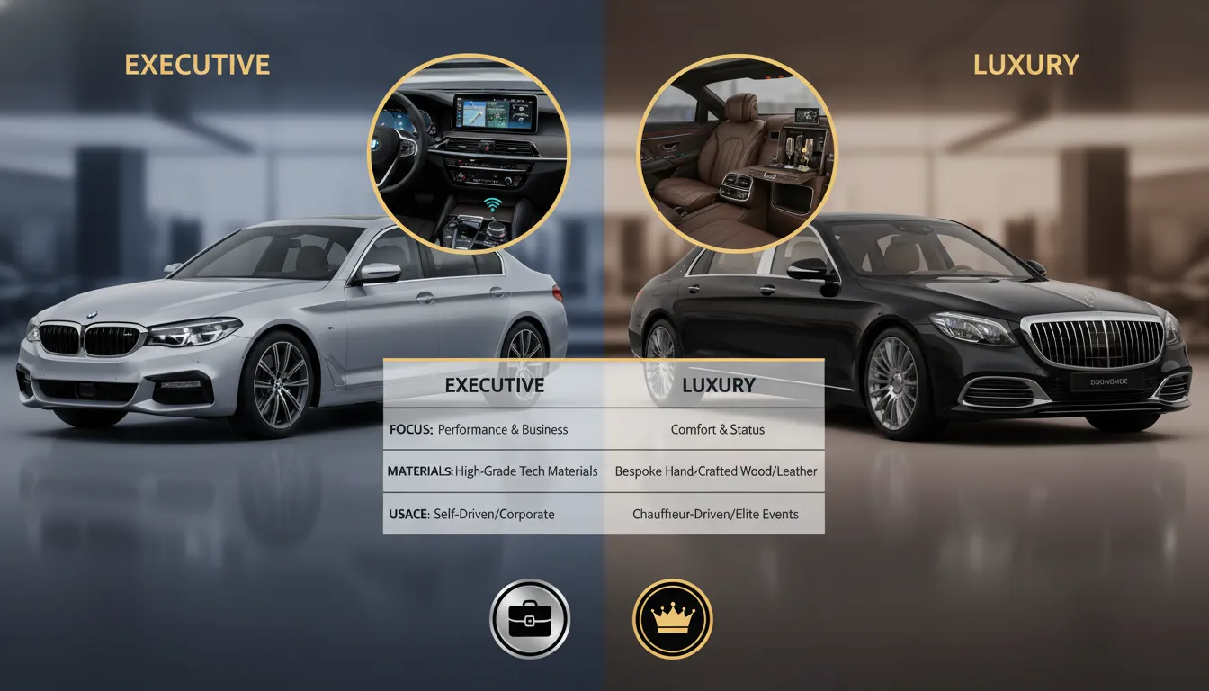 A side-by-side visual comparison of an executive sedan and a high-end luxury vehicle, highlighting differences in interior craftsmanship, passenger amenities, and primary usage.