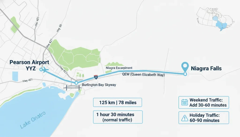 Map showing the driving route from Toronto Pearson Airport (YYZ) to Niagara Falls. Distance is 125 kilometers or 78 miles. Normal driving time is 1 hour and 30 minutes via Hwy 401, Hwy 427 and QEW. Weekend traffic adds 30 to 60 minutes. Holiday traffic adds 60 to 90 minutes.