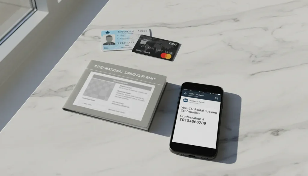 A flat lay photo showing items a traveler must keep ready before approaching the Thrifty car rental counter at Toronto Pearson Airport: a physical driver’s license, a Visa or Mastercard credit card, an International Driving Permit IDP booklet next to an original license, and a smartphone showing a rental confirmation email.