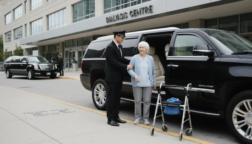 Silver haired senior woman using a walker being gently assisted by professional limo driver into black Cadillac Escalade parked at hospital pickup zone with sign saying Dialysis Centre in background